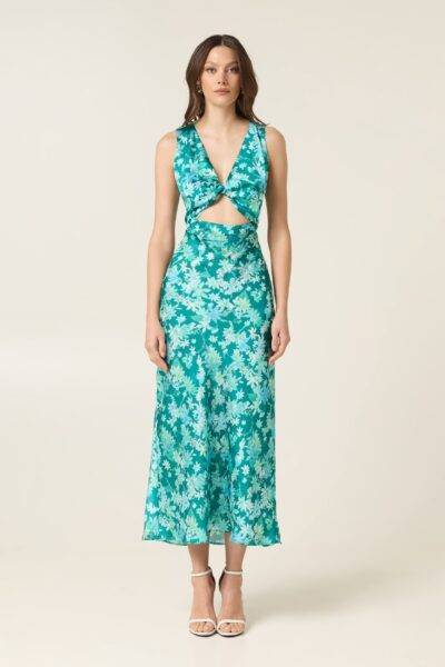 BOTANICAL MIDI SATIN DRESS