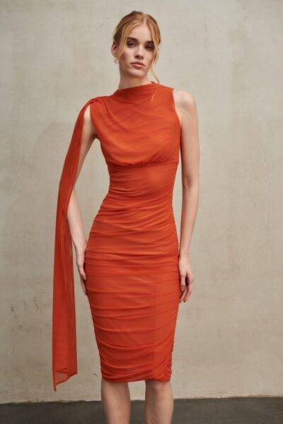 Burnt Orange Midi Mesh Dress